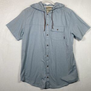 Dravus Hooded Button Down Short Sleeve Shirt Chambray Blue Leather Drawstring